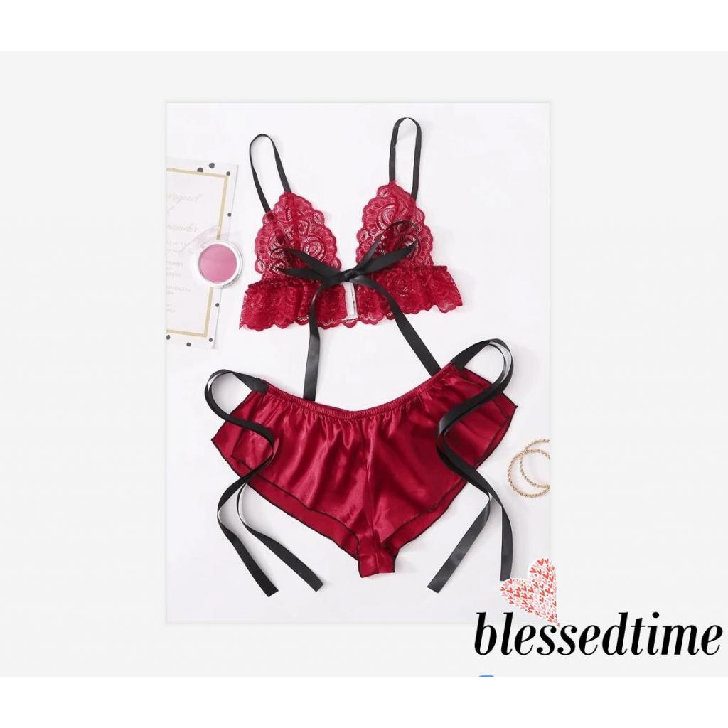Blessedtime-ชุดชั้นในสองชิ้นของผู้หญิง,ชุดชั้นในผ้าพันแผลซีทรูบล็อกสีเซ็กซี่ + กางเกงชั้นในสําหรับกลางคืน
