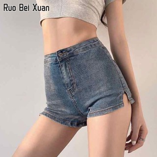 RUO BEI XUAN กางเกงขาสั้นสตรีฤดูร้อนใหม่สไตล์เกาหลีเซ็กซี่เอวสูงร่องยางยืดกางเกงขาสั้นผ้าเดนิม