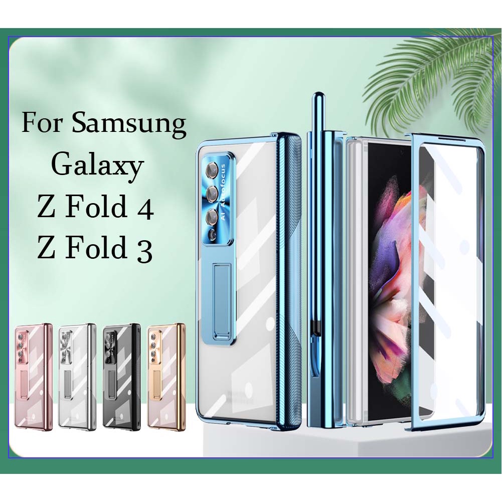เคสโทรศัพท์มือถือแบบใส กันกระแทก พร้อมฟิล์มกระจกนิรภัย และบานพับสองด้าน สําหรับ Samsung Galaxy Z Fold 4 Fold 3