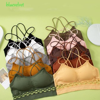 Bluevelvet เสื้อครอปท็อปลําลอง ระบายอากาศ ไร้รอยต่อ สีพื้น แฟชั่นสําหรับสตรี