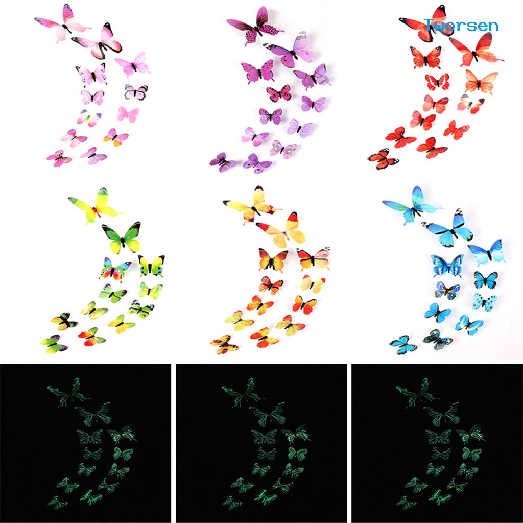 TW-12 ชิ้นผีเสื้อออกแบบสติ๊กเกอร์ติดผนัง Luminous Self-กาวที่ถอดออกได้ 3D Effect Design สติกเกอร์รูป