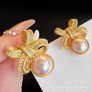 [0427] Accessible Luxury Entry Lux Gift Girlfriend French Style Mid-Ancient Earrings Vintage Elegance Retro Earth High-Grade Gold Bow Rhinestone Pearl Earrings DS0R