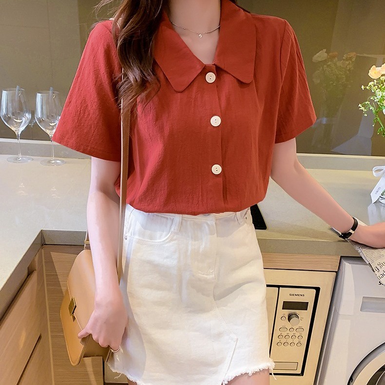 จัดส่งจากประเทศไทย เสื้อเชิ้ต คอกลม แขนสั้น เสื้อเชิ้ตสีทึบ เสื้อผ้า ...
