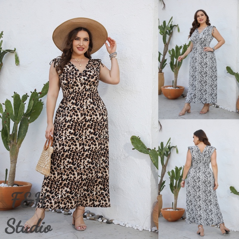 F&H 3374-2 สี XL-4XL สบาย Plus ขนาดเสือดาวพิมพ์ V คอชุดยาว