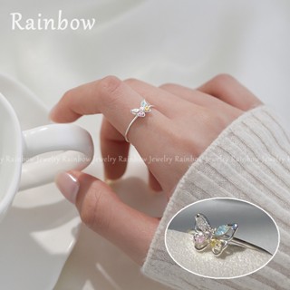 【Rainbow】ใหม่ แหวนชุบเงิน รูปผีเสื้อ ประดับเพชร สไตล์เกาหลี สําหรับผู้หญิง