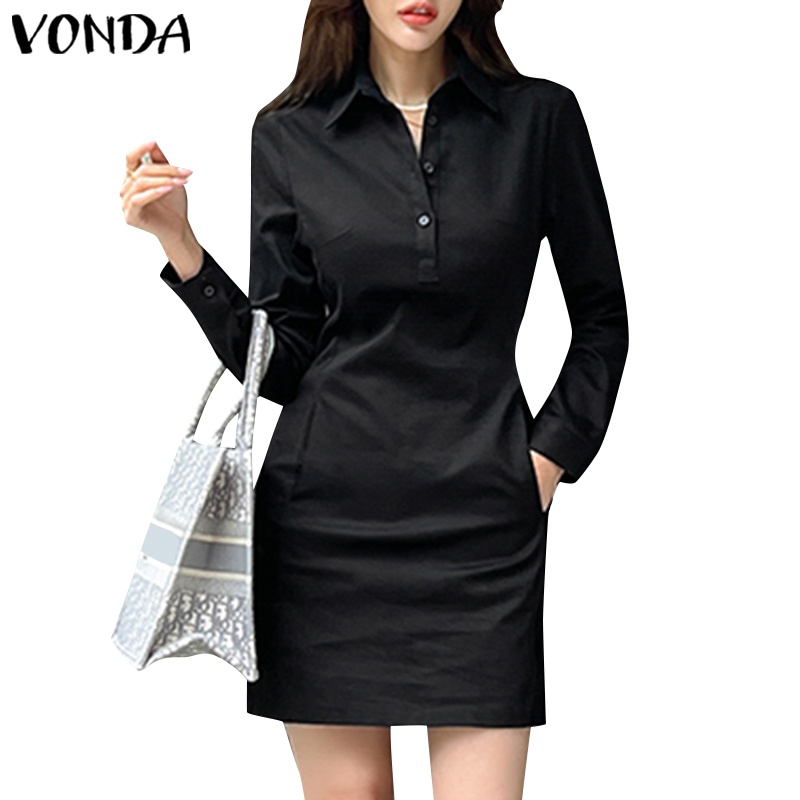 Vonda ผู้หญิง เกาหลี เสื้อเชิ้ตลําลอง คอปก แขนยาว แทรก กระเป๋าเข่าขึ้นชุด