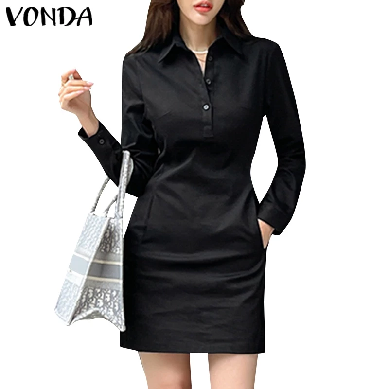 Vonda ผู้หญิง เกาหลี เสื้อเชิ้ตลําลอง คอปก แขนยาว แทรก กระเป๋าเข่าขึ้นชุด