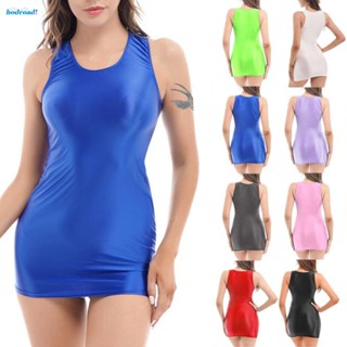 【HODRD】Womens Oil Glossy Smooth Sleeveless U Neck Tank Tops Bodycon High Quality Dress【Fashion】