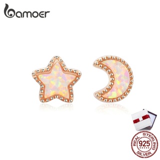 BAMOER Rose Gold Star Moon Asymmetric Opal Stud Earrings For Female Authentic 925 Silver