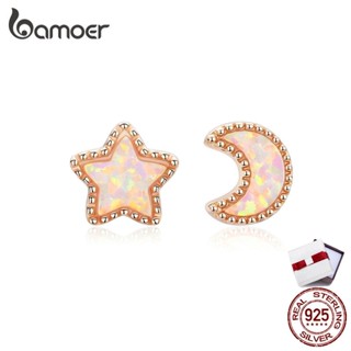 BAMOER Rose Gold Star Moon Asymmetric Opal Stud Earrings For Female Authentic 925 Silver