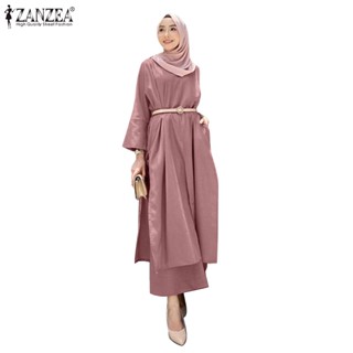 ZANZEA Women Muslim Quarter Sleeve Top Elastic Waist Wide Leg Pants Set