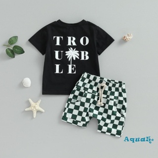 Aqq- ชุดเสื้อยืด แขนสั้น พิมพ์ลายกะโหลก พร้อมกางเกงขาสั้น ลายสก๊อต แฟชั่นฤดูร้อน สําหรับเด็กผู้ชาย