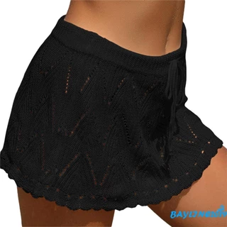 (จัดส่งในกรุงเทพฯ)-women โครเชต์ Cover Up กระโปรงฤดูร้อน Drawstring เอวสูง Beach Coverups ถักกระโปรงมินิ