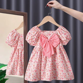 Haasya Kids 2-5 Tahun Gadis gaun musim panas katun lengan puff bayi perempuan rok lengan pendek musim panas busur gaya manis dan imut