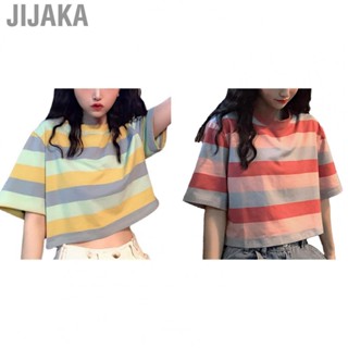 Jijaka Multicolor Striped T Shirt  Elegant Short Sleeve Crewneck Top Fashionable Breathable Soft  for Party Dating for Women