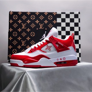 Louis Vuitton x Air Jordan 4 Retro SP "White&amp;Red" รองเท้าผ้าใบลําลอง สําหรับผู้ชาย ผู้หญิง เหมาะกับการเล่นบาสเก็ตบอล SRKT