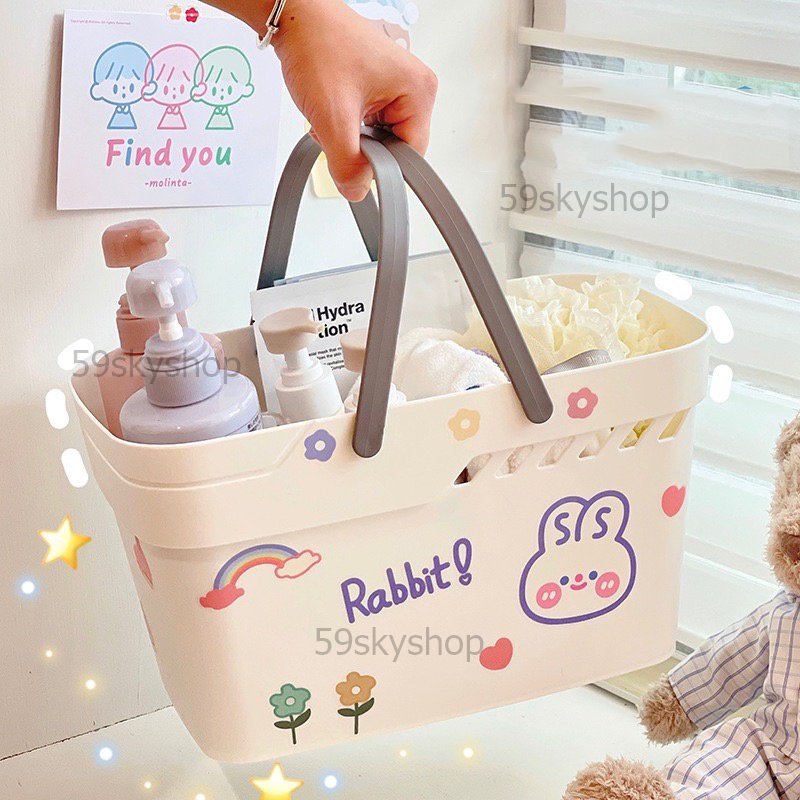 🌻ฟรีสติ๊กเกอร์🌸 ตะกร้ามือถือหูหิ้วพลาสติก ตะกร้าอาบน้ำใส่ของอเนกประสงค์
