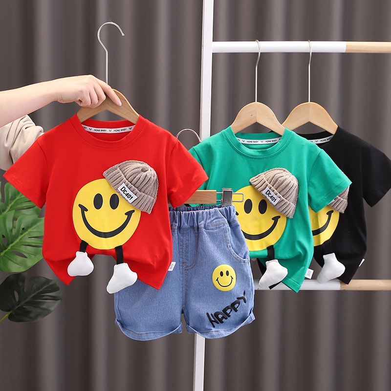 เสื้อยืด ลายหน้ายิ้ม และกางเกงยีนขาสั้น แฟชั่นฤดูร้อน สําหรับเด็กผู้ชาย 2 ชิ้น