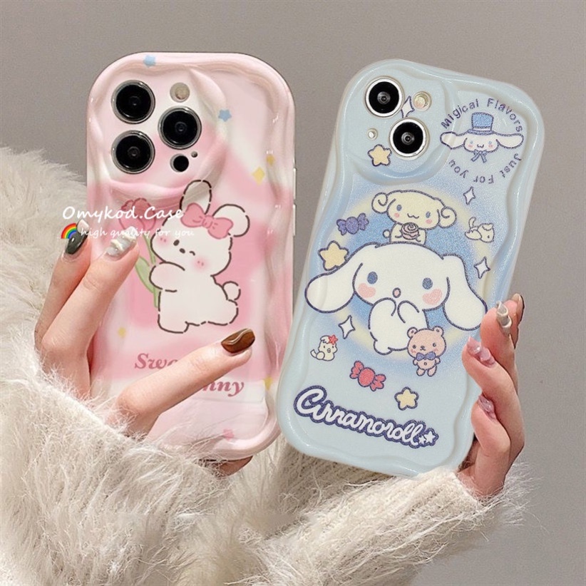 Ready Stock Omykod Compatible For iPhone 15 15 XR 14 13 11 12 Pro Max 8 7 6 6s Plus SE 2020 XS Max 3D Wave Cartoon Lovely Rabbit Illustration Creative Phone Case Soft Protection Back Cover