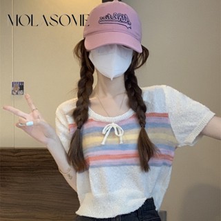 Molasome เสื้อยืดลําลอง คอกลม แขนสั้น ผ้าถัก เข้ารูป สีคมชัด สําหรับสตรี 2023