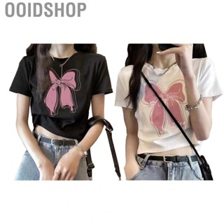 Ooidshop Women Short Sleeves T Shirt  Round Neck Pink Bowknot Breathable Summer Casual for Daily Wear