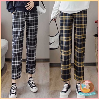 กางเกงขายาวทรงกระบอกคนท้องเเต่งลายหมากรุก กางเกงคนท้องลายสก็…