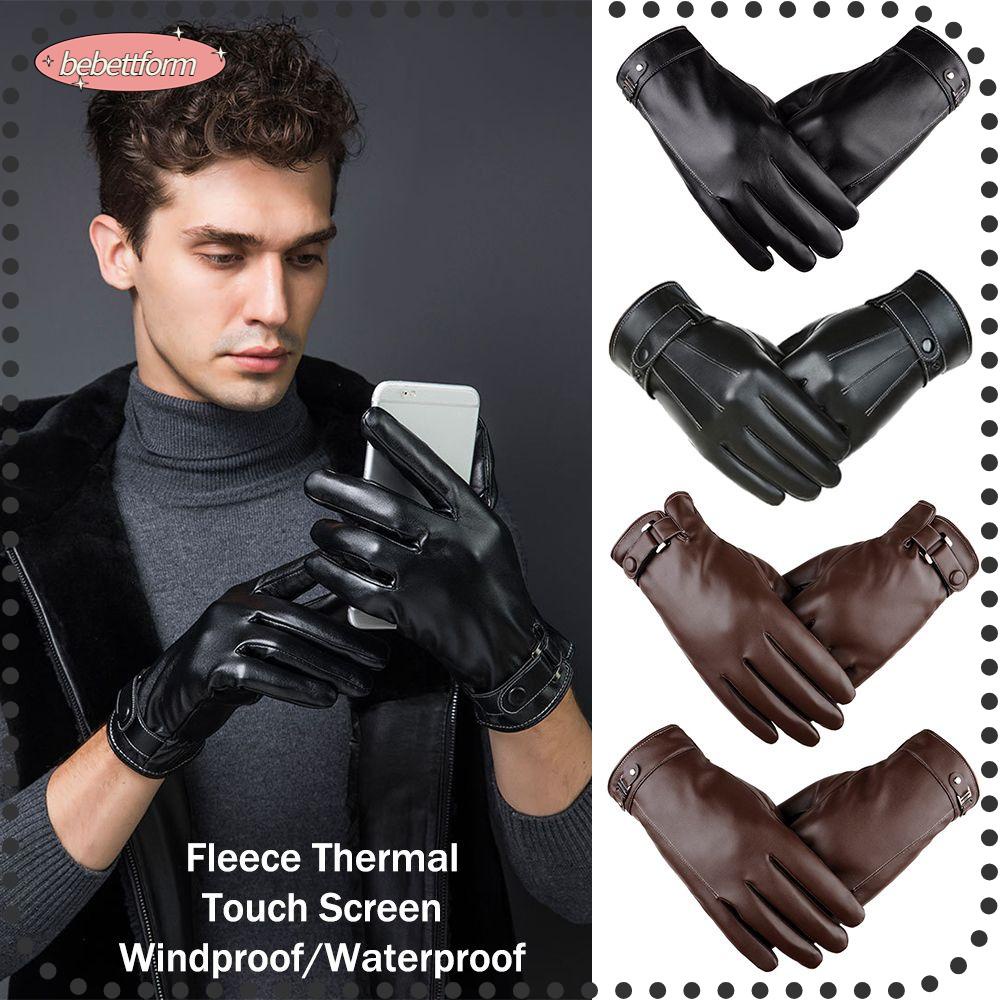 Bebettkiss 1 Pair Fashion Leather Gloves Fleece Men's Windproof Thermal Full Finge Driving Accessories