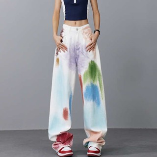 นิยมยีนส์ กางเกงคาร์โก้ผู้หญิง KEN STUDIOs new summer niche playful handmade graffiti jeans womens design sense กางเกงขากว้าง