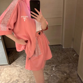 DP1N PR * A 23 spring and summer new letter thickened acetic acid rhinestone short sleeve coat shorts suit casual fashion all-match