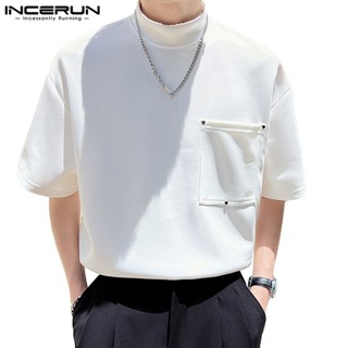 Incerun เสื้อยืด คอสูง แขนสั้น มีกระเป๋า สีพื้น