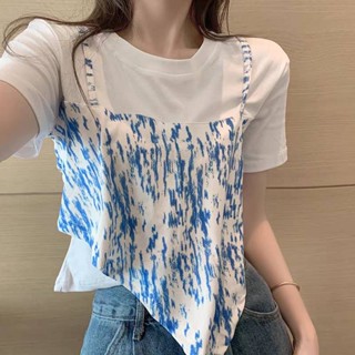 เสื้อยืด มัดย้อมพิมพ์ลาย สไตล์เกาหลี มี2สี พร้อมส่ง🖤💙 #M3613