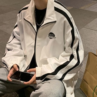 เสื้อโค้ท คอปก พิมพ์ลายทาง สีตัดกัน สําหรับผู้ชาย