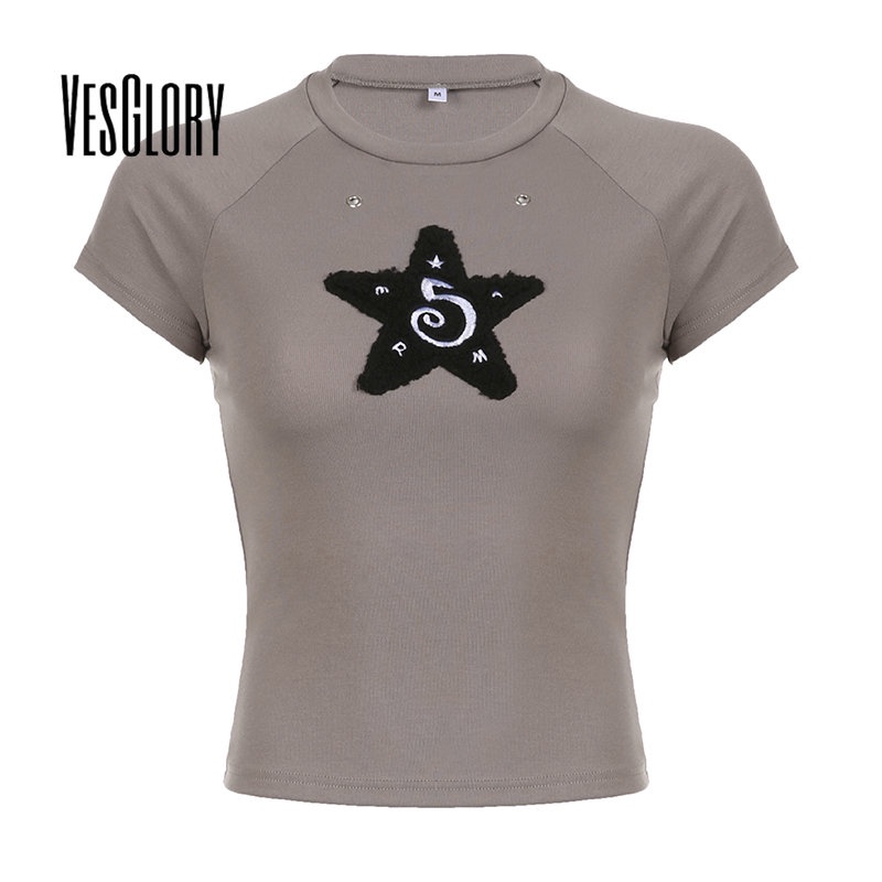 Vesglory เสื้อครอปท็อปลําลอง คอกลม แขนสั้น เข้ารูป ลายดาว แฟชั่นสําหรับสตรี 2023