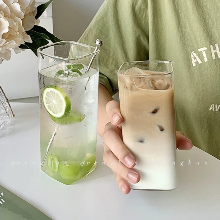 แก้วกาแฟ นม ทรงสี่เหลี่ยม สีโปร่งใส ของใช้ในครัวเรือน เหมาะกับฤดูร้อน