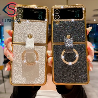 Lushuo เคสโทรศัพท์หนัง PU ฝาพับ ประดับเพชร กลิตเตอร์ พร้อมแหวนขาตั้ง สําหรับ Samsung Galaxy Z Flip 3 5G and Z Flip 4 Z Flip3 ZFlip3 ZFlip 3 Z Flip4 ZFlip