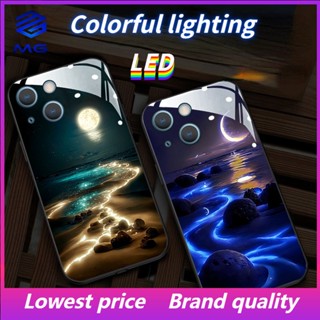 Mg เคสโทรศัพท์มือถือ LED ลายทิวทัศน์ใต้ดวงจันทร์ ชายหาด สําหรับ iPhone 15pro 15ultra 14Promax 14plus 13 13Pro 13Promax 12ProMax 11 7plus 8plus XR XS