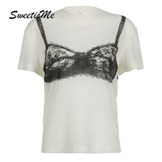 Sweeticme เสื้อยืดแขนสั้น พิมพ์ลาย สีตัดกัน เข้ากับทุกการแต่งกาย แฟชั่นสําหรับผู้หญิง 2023