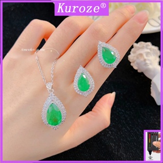 Kuroze สร้อยคอ ต่างหู จี้รูปหยดน้ํา ประดับเพชร สีเขียว เครื่องประดับแฟชั่น