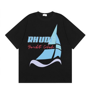 Rhude เสื้อยืดแขนสั้นลําลอง คอกลม ผ้าฝ้าย ทรงหลวม พิมพ์ลายเรือยอร์ช สไตล์อเมริกัน