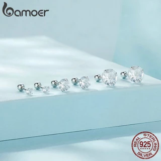 Bamoer ต่างหูเพทาย สีขาว 3 ขนาด ดีไซน์เรียบง่าย คลาสสิก สําหรับผู้หญิง เครื่องประดับ ของขวัญ