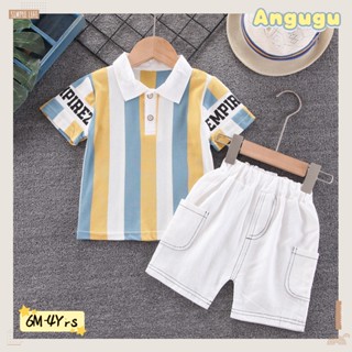 Angugu ใหม่ เสื้อยืดโปโล แขนสั้น ลายทาง และกางเกงขาสั้น สําหรับเด็กผู้ชาย 6 เดือน ถึง 12 เดือน ถึง 1 ถึง 2 ถึง 3 ถึง 4 ปี 2023 2 ชิ้น