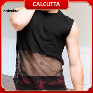 [calcutta] เสื้อกล้าม คอกลม ผ้าตาข่าย แต่งรูกลวง สีพื้น สไตล์สปอร์ต สําหรับผู้ชาย