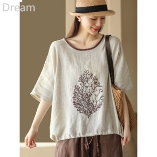 Retro embroidered cotton and linen top womens drawstring pullover color matching round neck loose T-shirt for women