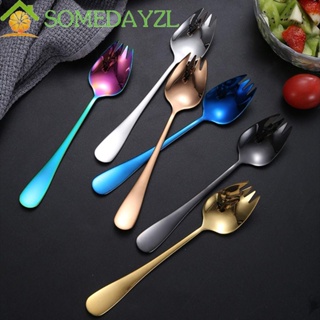 SOMEDAYZL Spork ช้อนสเตนเลส ด้ามจับยาว ใช้ซ้ําได้ สําหรับขนมหวาน ผลไม้ ใช้เดินทาง