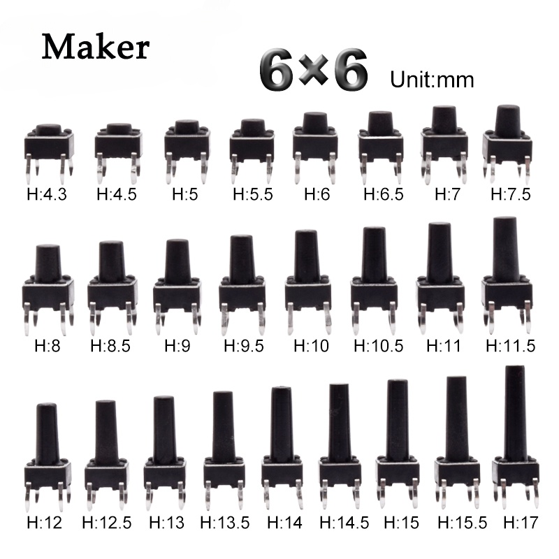 แผงสวิตช์ปุ่มกด PCB เปิดปิดชั่วขณะ ขนาดเล็ก 4 Pin 6*6 H=5 6 7 8 9 10 11 12 15 16 17 18 19 มม. สีดํา 50 ชิ้น