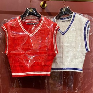 2สี ♥ เช็คสินค้าก่อนสั่ง WANG SLEEVELESS KNIT CROP TOP เสื้อไหมพรม ทรงครอป แขนกุด ผ้าทอลาย ตัวนูน อเล็กซ์ แวง