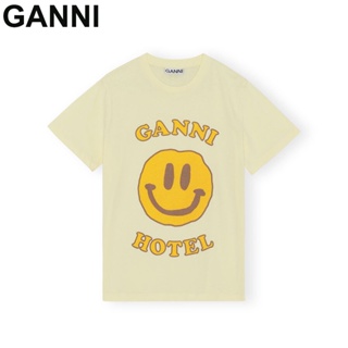 Ganni เสื้อยืดลําลอง คอกลม แขนสั้น พิมพ์ลายตัวอักษร หน้ายิ้ม สีเหลือง ทรงหลวม @