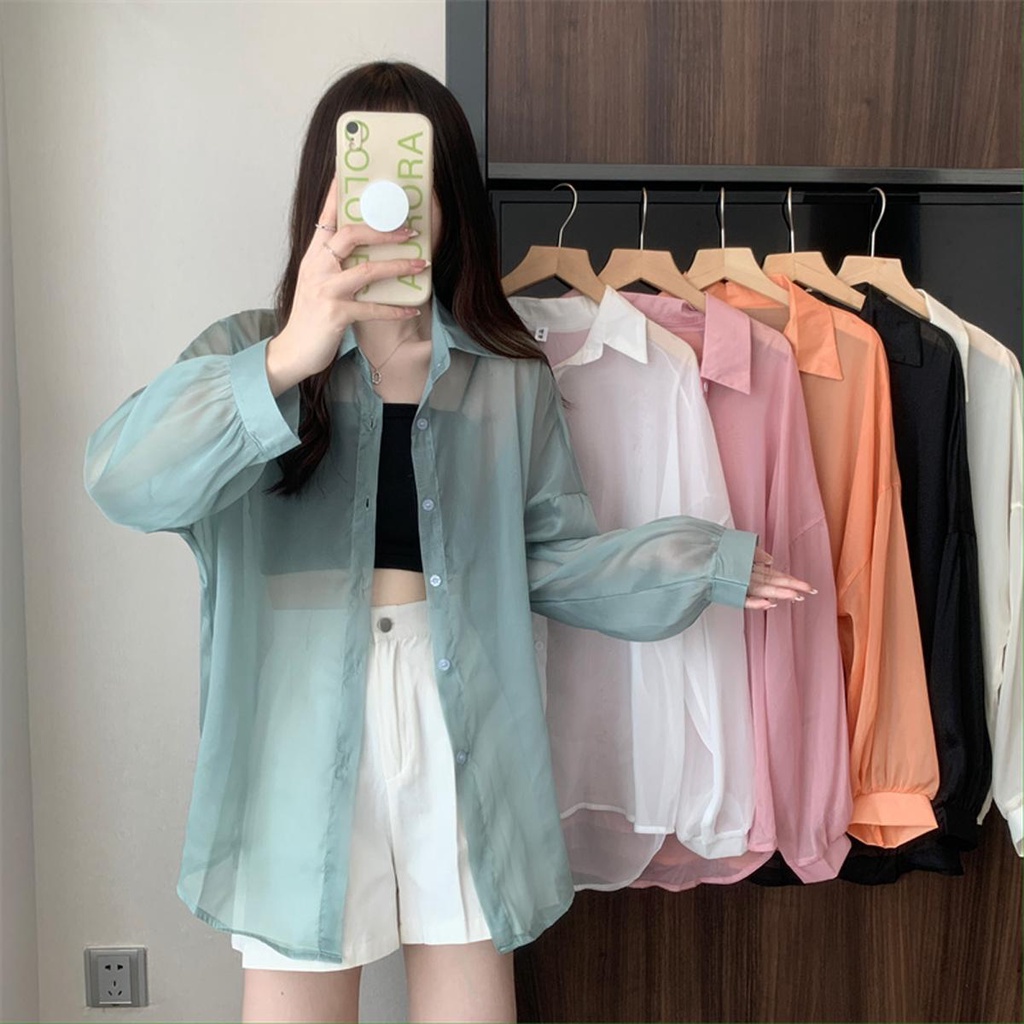 littlebee.shop.w246เสื้อเชิ้ตแขนยาว ผ้าชีฟองหนา ผ้ามีแวววาว ระยิบระยับด้วย ผ้าซีทรู สไตล์แฟชั่น 6 สี ใส่สบาย