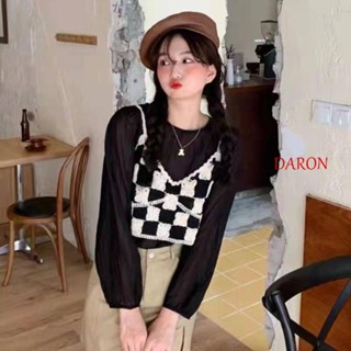 Daron เสื้อครอปท็อปลําลอง ผ้าฝ้ายถัก ทรงหลวม ลายสก๊อต สไตล์เกาหลี เรโทร สําหรับผู้หญิง