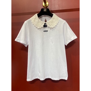 ♥ เช็คสินค้าก่อนสั่ง MIU MIU COTTON CROCHET T-SHIRT น่ารักมาก เสื้อยืด ปกบัว ปักโคเชร มิวมิว